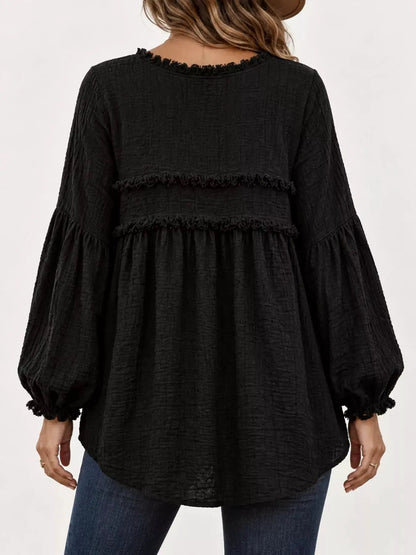 Textured Grey Frayed Trim Long Sleeve Peplum Blouse - Bitsy Gypsy Boutique