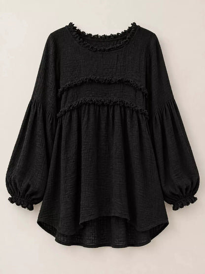 Textured Grey Frayed Trim Long Sleeve Peplum Blouse - Bitsy Gypsy Boutique