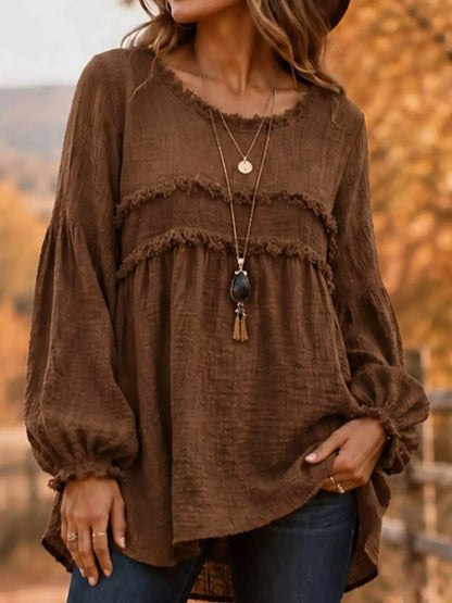 Textured Grey Frayed Trim Long Sleeve Peplum Blouse - Bitsy Gypsy Boutique