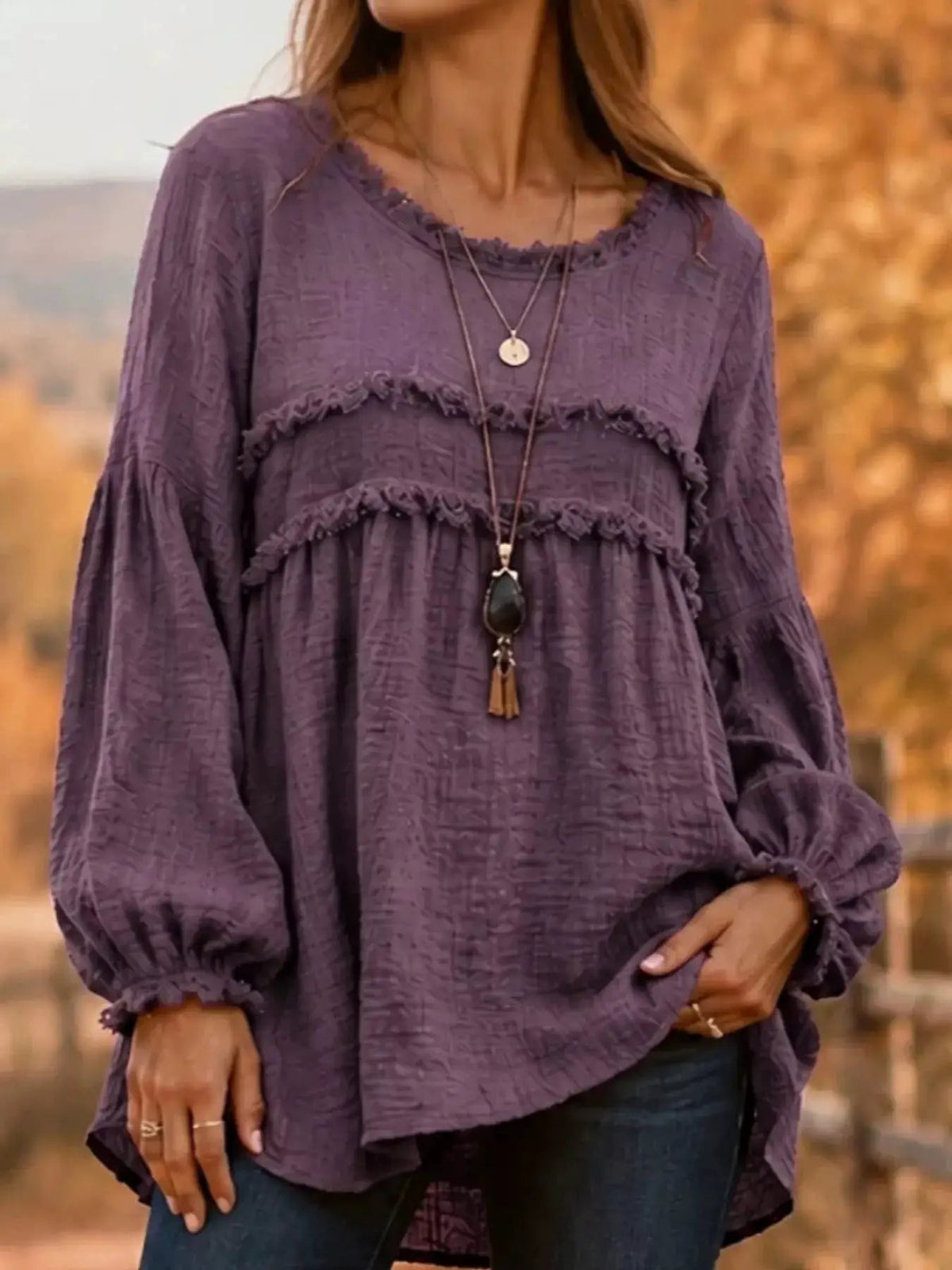 Textured Grey Frayed Trim Long Sleeve Peplum Blouse - Bitsy Gypsy Boutique