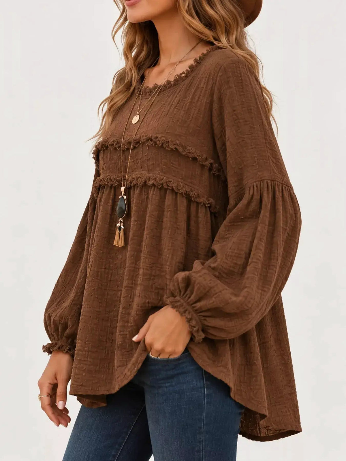 Textured Grey Frayed Trim Long Sleeve Peplum Blouse - Bitsy Gypsy Boutique