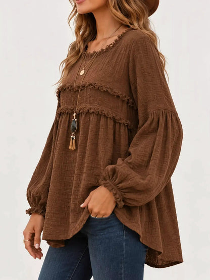 Textured Grey Frayed Trim Long Sleeve Peplum Blouse - Bitsy Gypsy Boutique