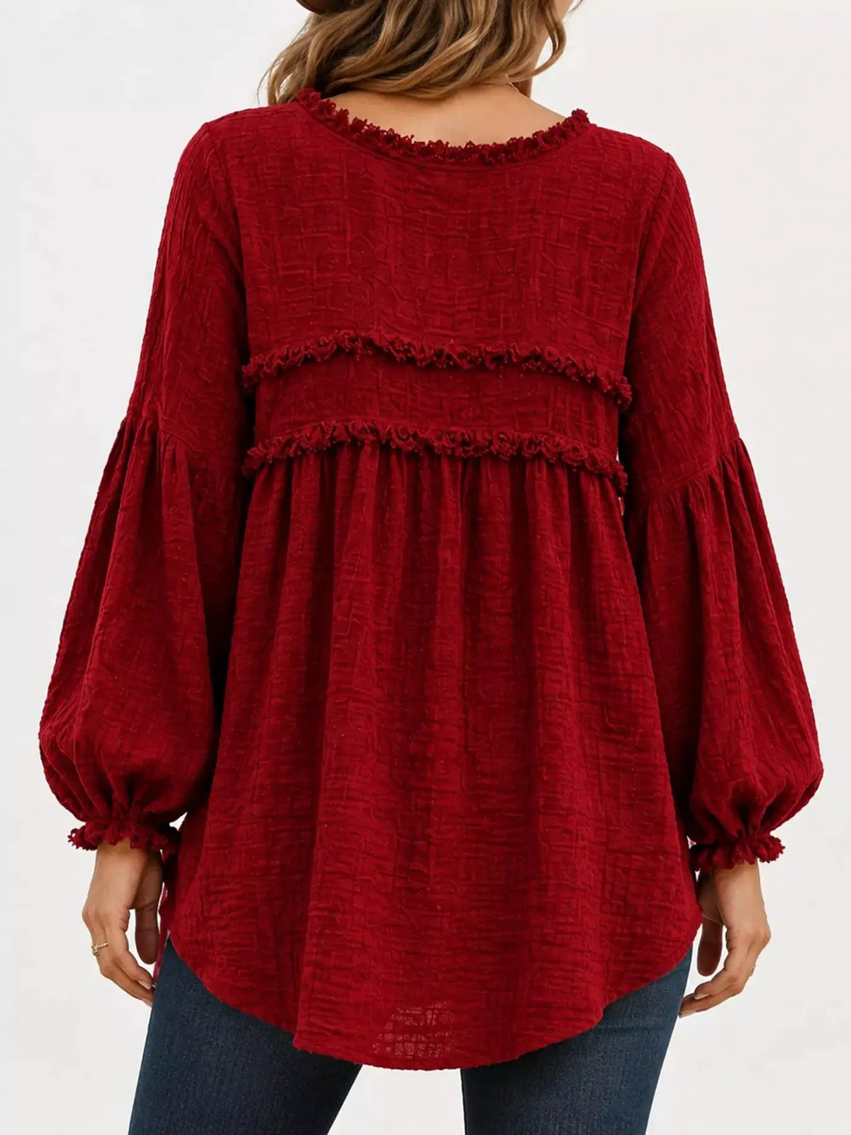 Textured Grey Frayed Trim Long Sleeve Peplum Blouse - Bitsy Gypsy Boutique
