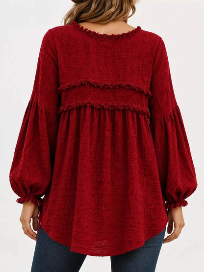 Textured Grey Frayed Trim Long Sleeve Peplum Blouse - Bitsy Gypsy Boutique