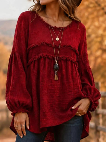 Textured Grey Frayed Trim Long Sleeve Peplum Blouse - Bitsy Gypsy Boutique
