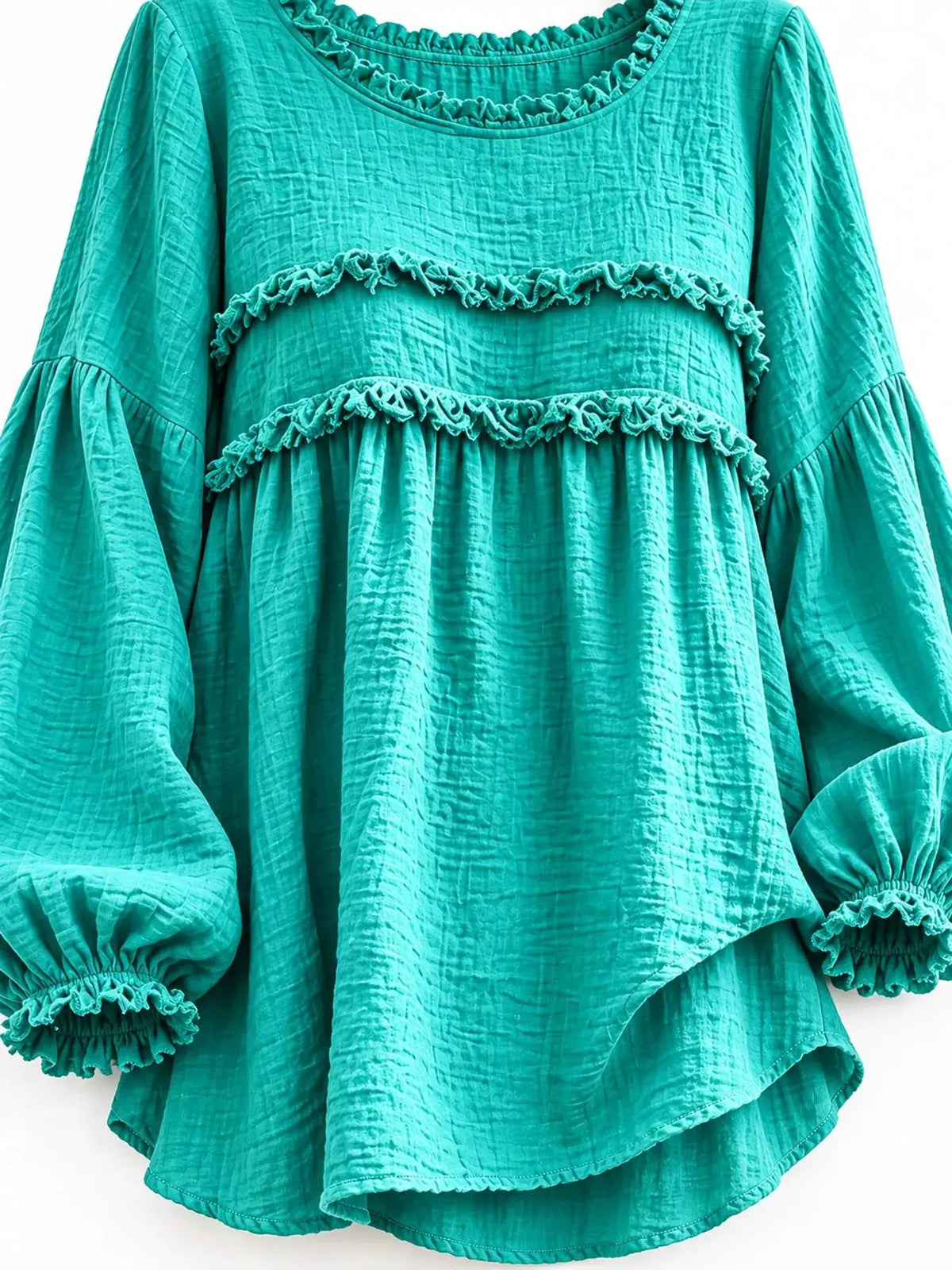 Textured Grey Frayed Trim Long Sleeve Peplum Blouse - Bitsy Gypsy Boutique