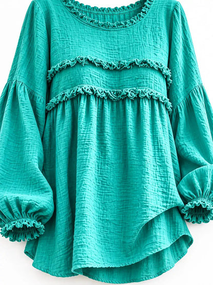 Textured Grey Frayed Trim Long Sleeve Peplum Blouse - Bitsy Gypsy Boutique