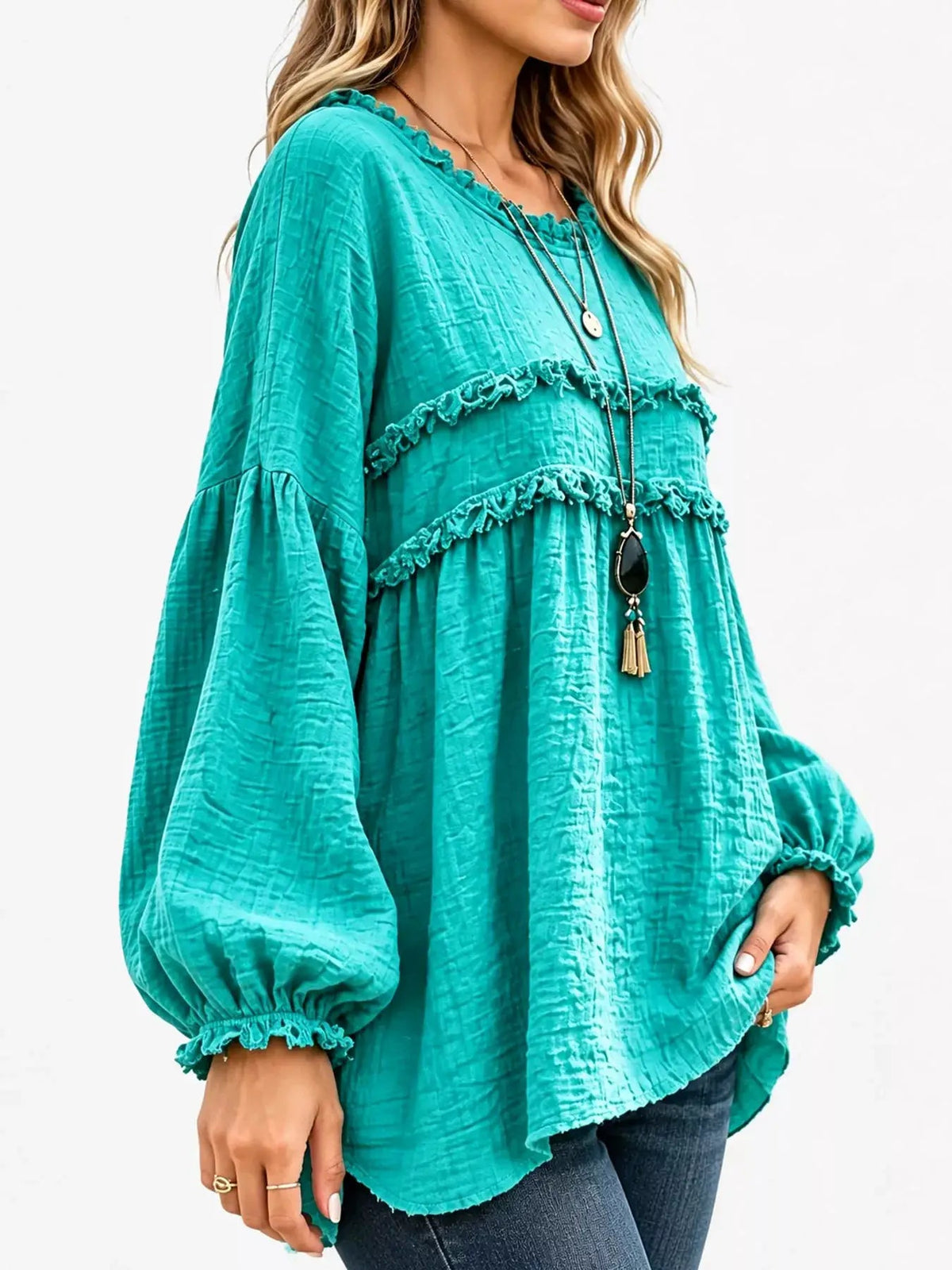Textured Grey Frayed Trim Long Sleeve Peplum Blouse - Bitsy Gypsy Boutique