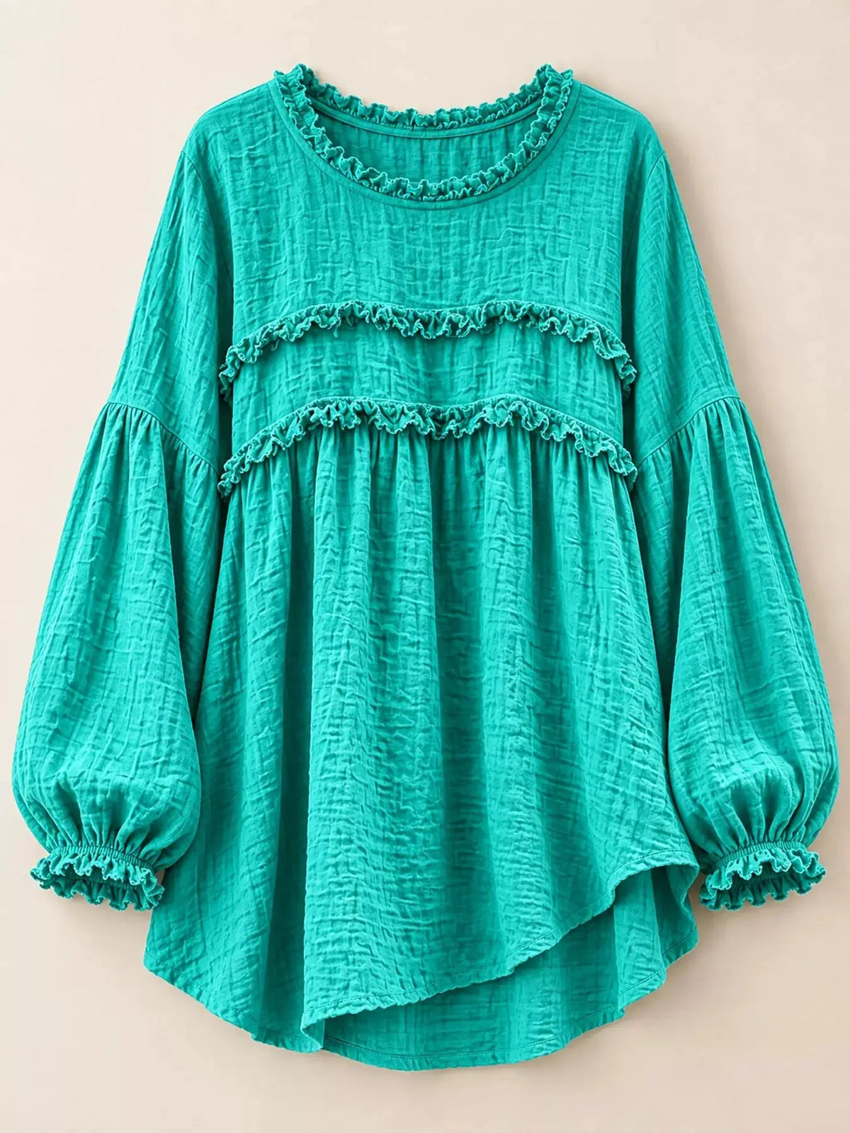 Textured Grey Frayed Trim Long Sleeve Peplum Blouse - Bitsy Gypsy Boutique