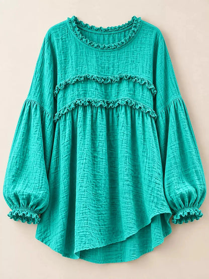 Textured Grey Frayed Trim Long Sleeve Peplum Blouse - Bitsy Gypsy Boutique