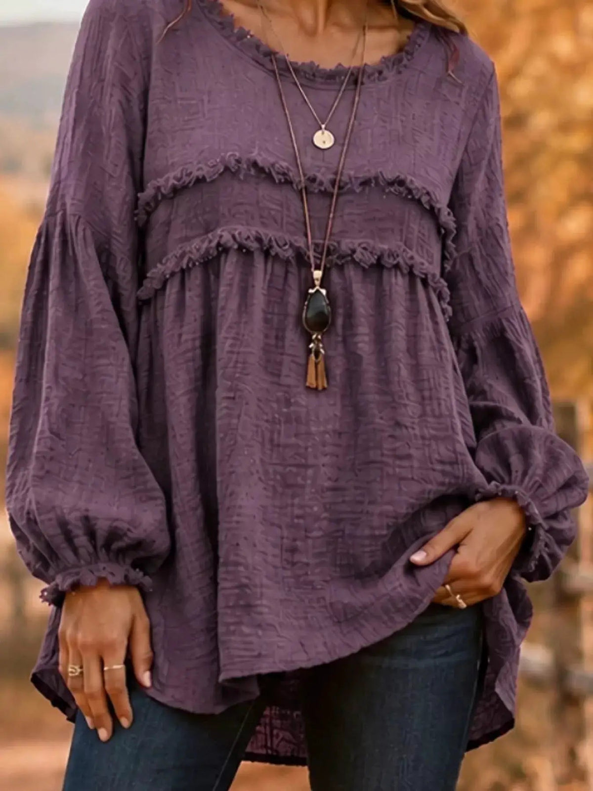Textured Grey Frayed Trim Long Sleeve Peplum Blouse - Bitsy Gypsy Boutique