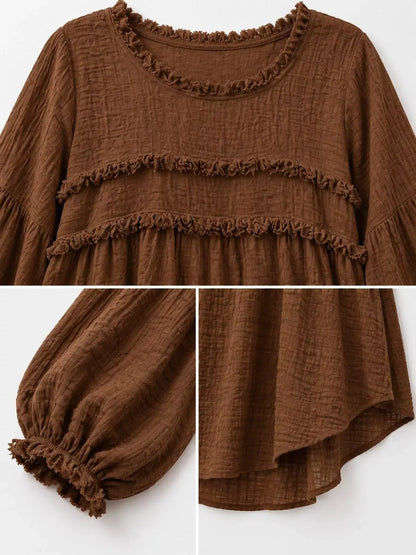 Textured Grey Frayed Trim Long Sleeve Peplum Blouse - Bitsy Gypsy Boutique