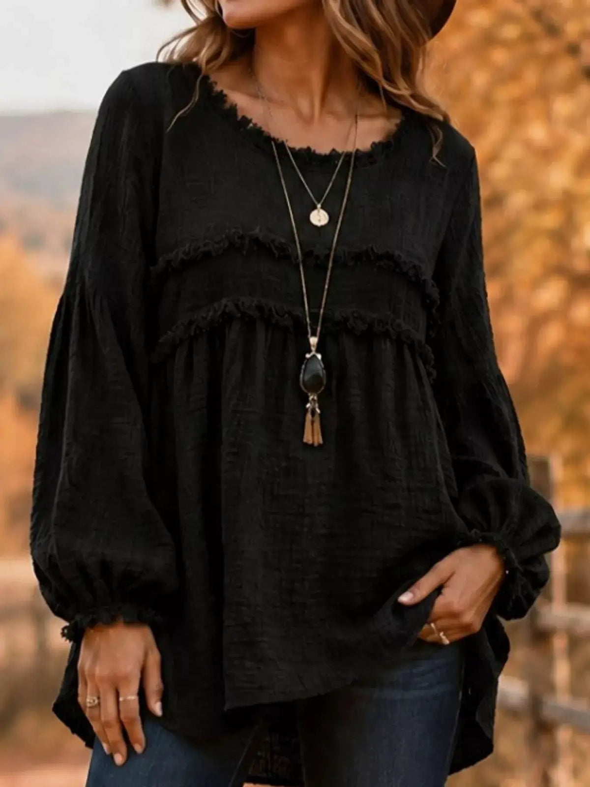 Textured Grey Frayed Trim Long Sleeve Peplum Blouse - Bitsy Gypsy Boutique