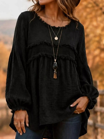 Textured Grey Frayed Trim Long Sleeve Peplum Blouse - Bitsy Gypsy Boutique