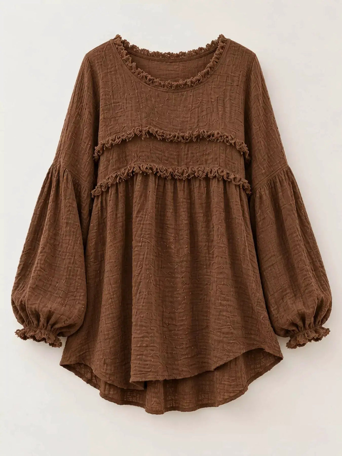 Textured Grey Frayed Trim Long Sleeve Peplum Blouse - Bitsy Gypsy Boutique