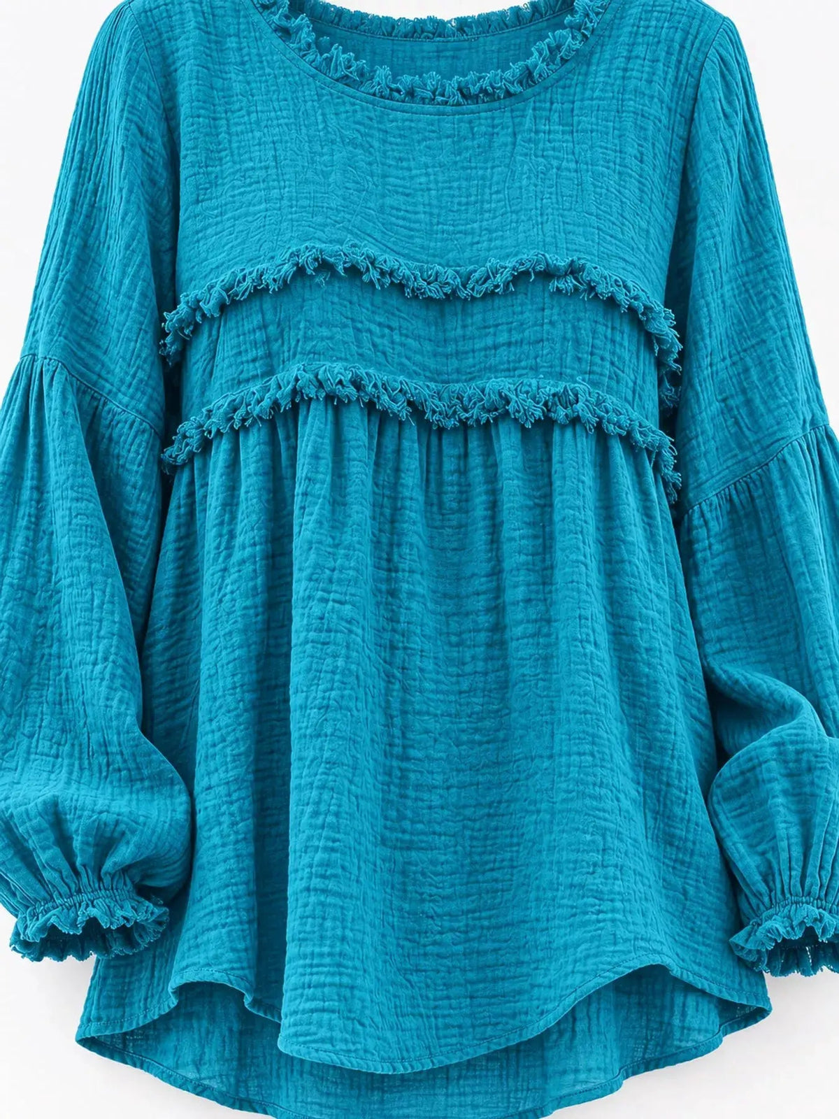 Textured Grey Frayed Trim Long Sleeve Peplum Blouse - Bitsy Gypsy Boutique