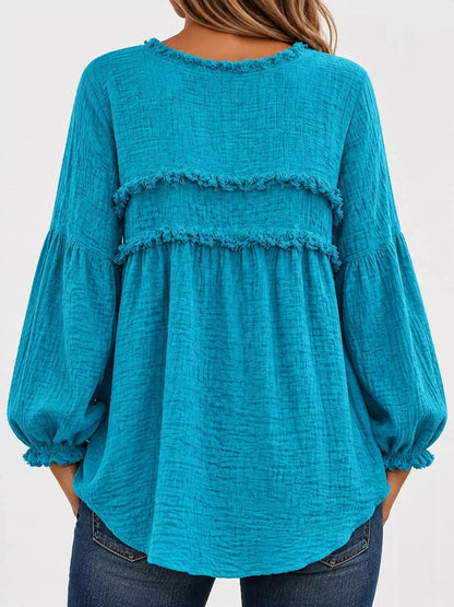 Textured Grey Frayed Trim Long Sleeve Peplum Blouse - Bitsy Gypsy Boutique