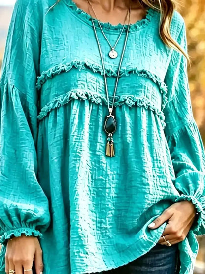 Textured Grey Frayed Trim Long Sleeve Peplum Blouse - Bitsy Gypsy Boutique