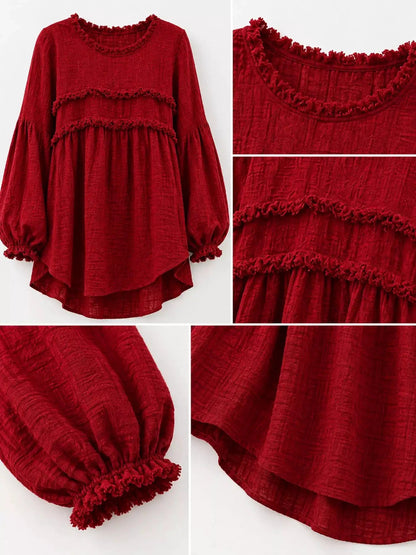 Textured Grey Frayed Trim Long Sleeve Peplum Blouse - Bitsy Gypsy Boutique