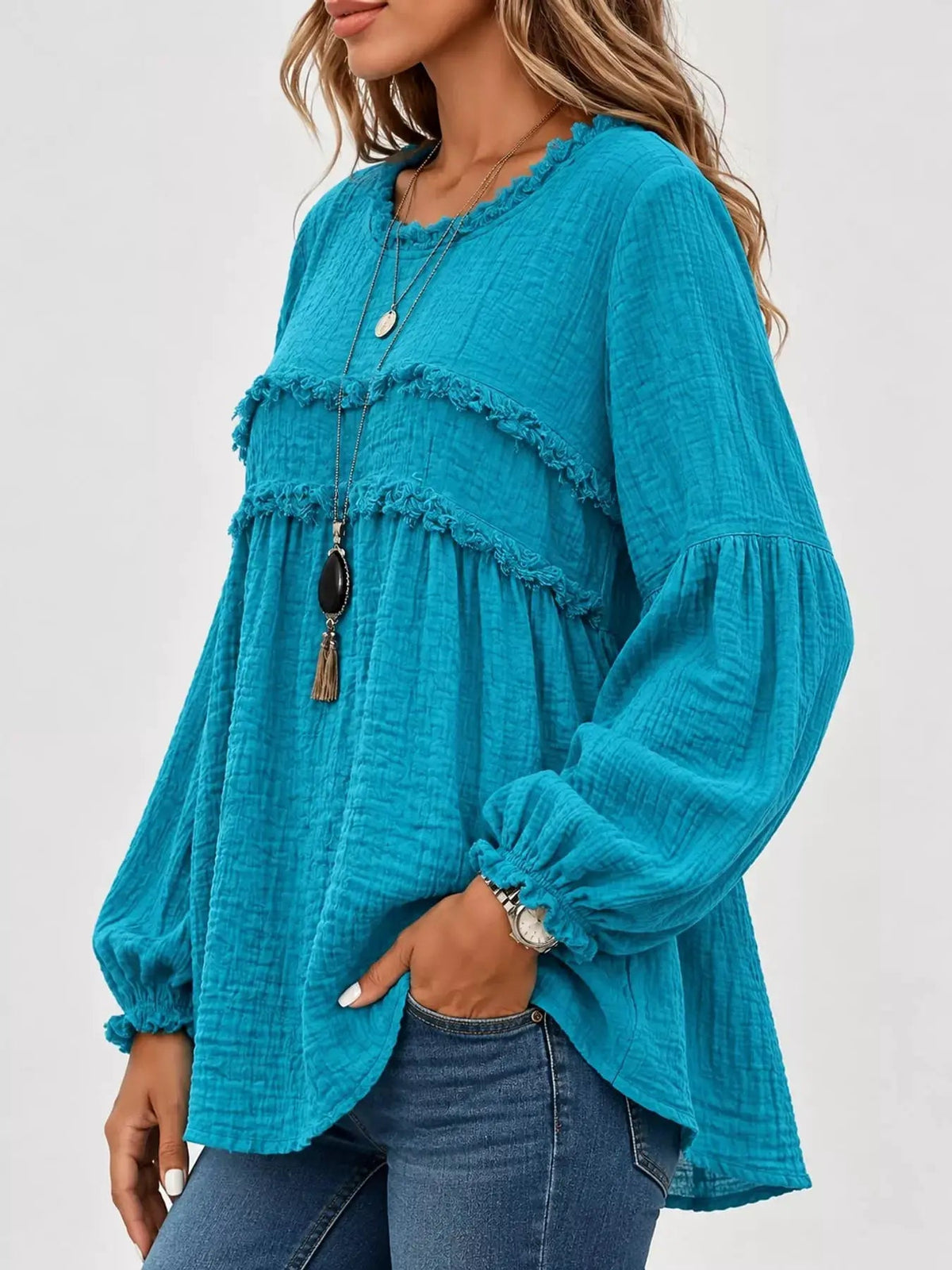 Textured Grey Frayed Trim Long Sleeve Peplum Blouse - Bitsy Gypsy Boutique