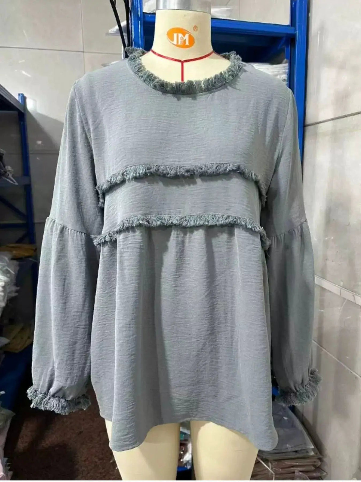 Textured Grey Frayed Trim Long Sleeve Peplum Blouse - Bitsy Gypsy Boutique