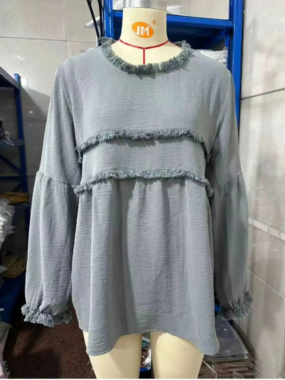 Textured Grey Frayed Trim Long Sleeve Peplum Blouse - Bitsy Gypsy Boutique