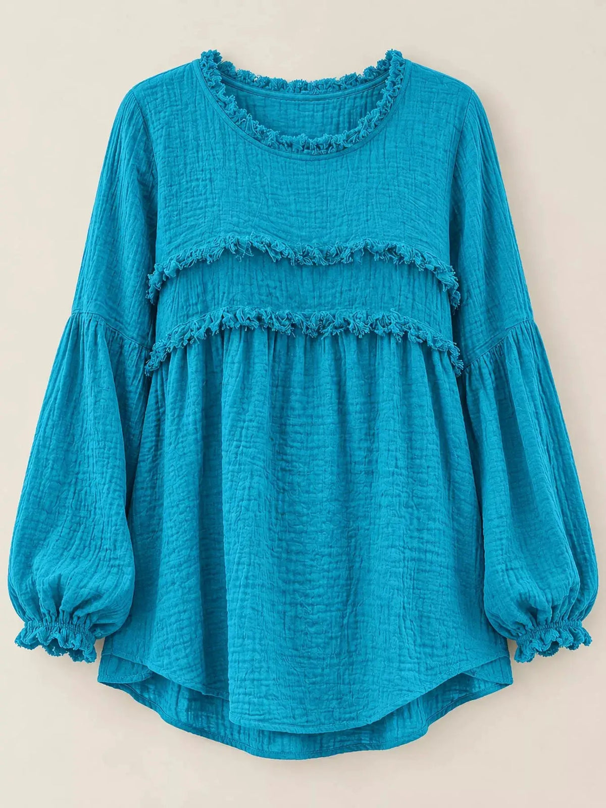 Textured Grey Frayed Trim Long Sleeve Peplum Blouse - Bitsy Gypsy Boutique