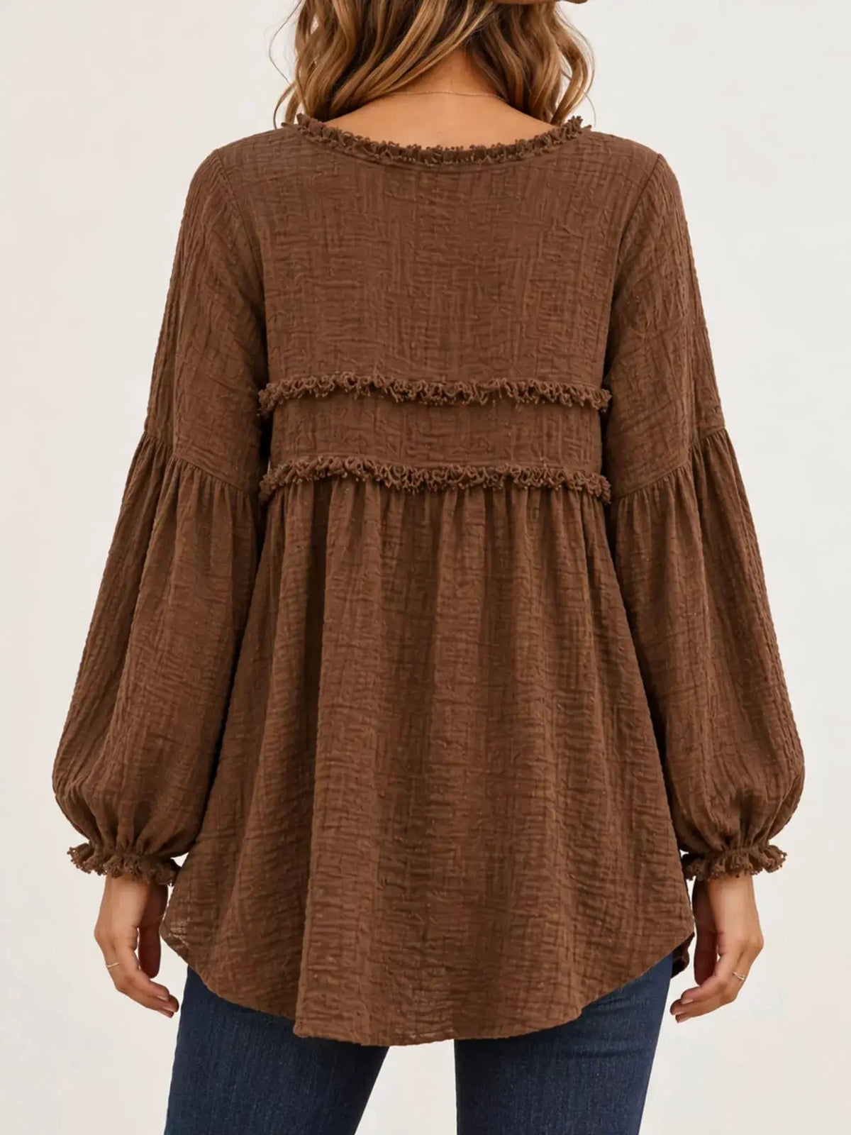 Textured Grey Frayed Trim Long Sleeve Peplum Blouse - Bitsy Gypsy Boutique