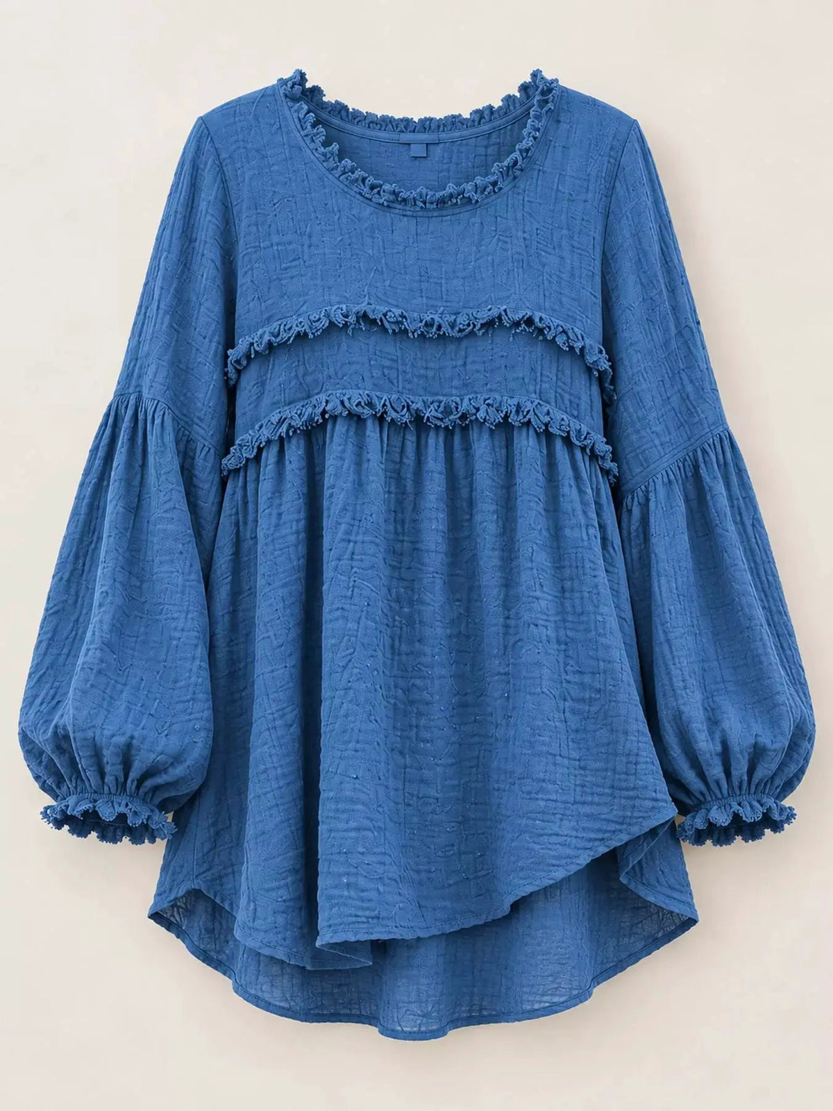 Textured Grey Frayed Trim Long Sleeve Peplum Blouse - Bitsy Gypsy Boutique