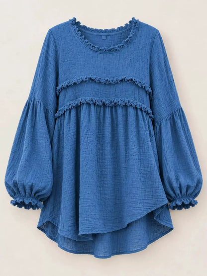 Textured Grey Frayed Trim Long Sleeve Peplum Blouse - Bitsy Gypsy Boutique
