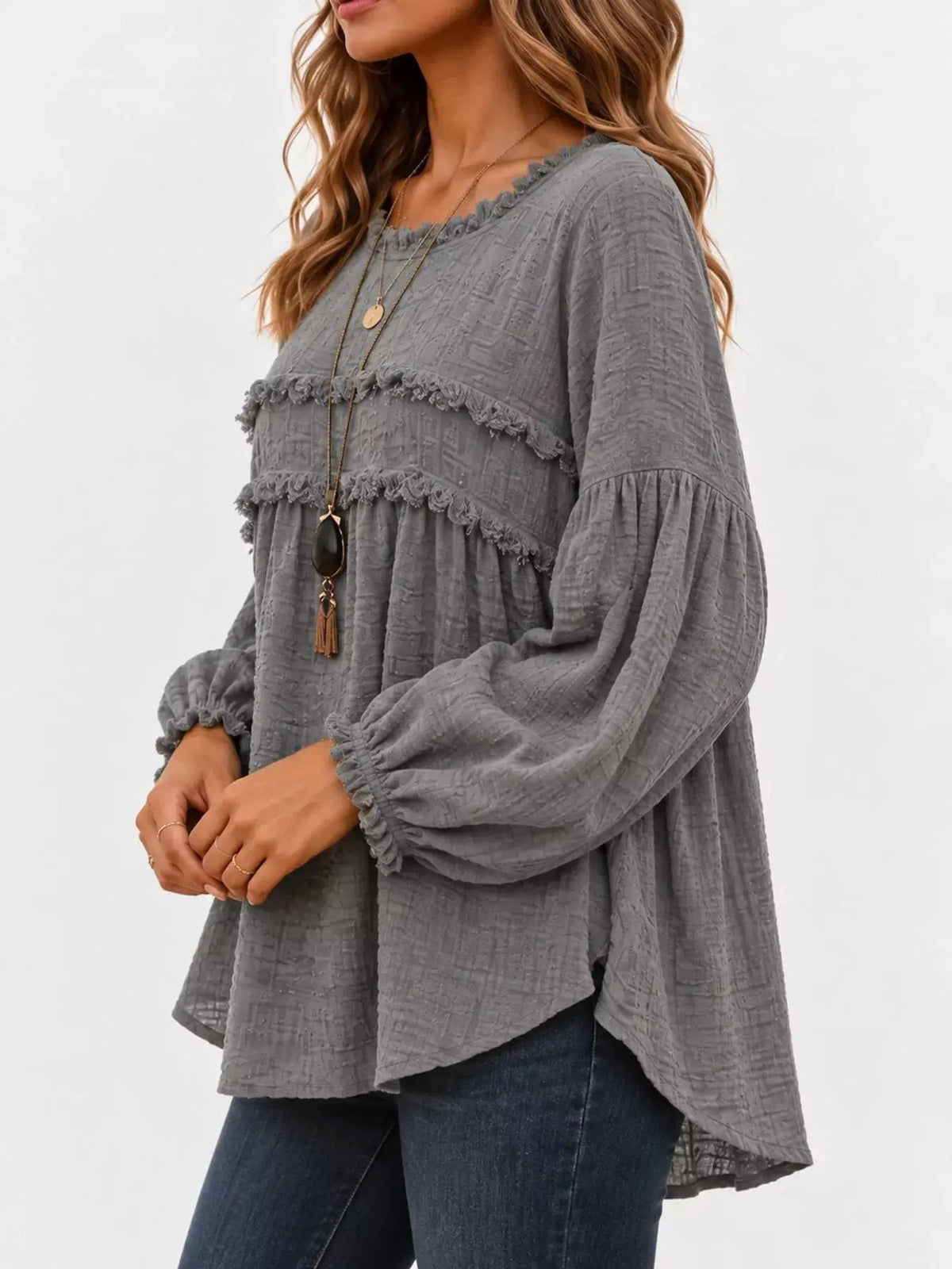 Textured Grey Frayed Trim Long Sleeve Peplum Blouse - Bitsy Gypsy Boutique