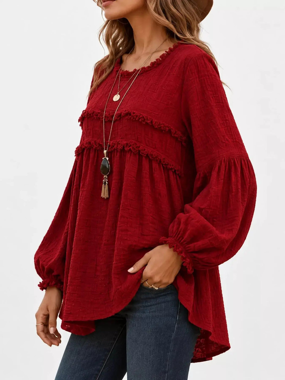 Textured Grey Frayed Trim Long Sleeve Peplum Blouse - Bitsy Gypsy Boutique