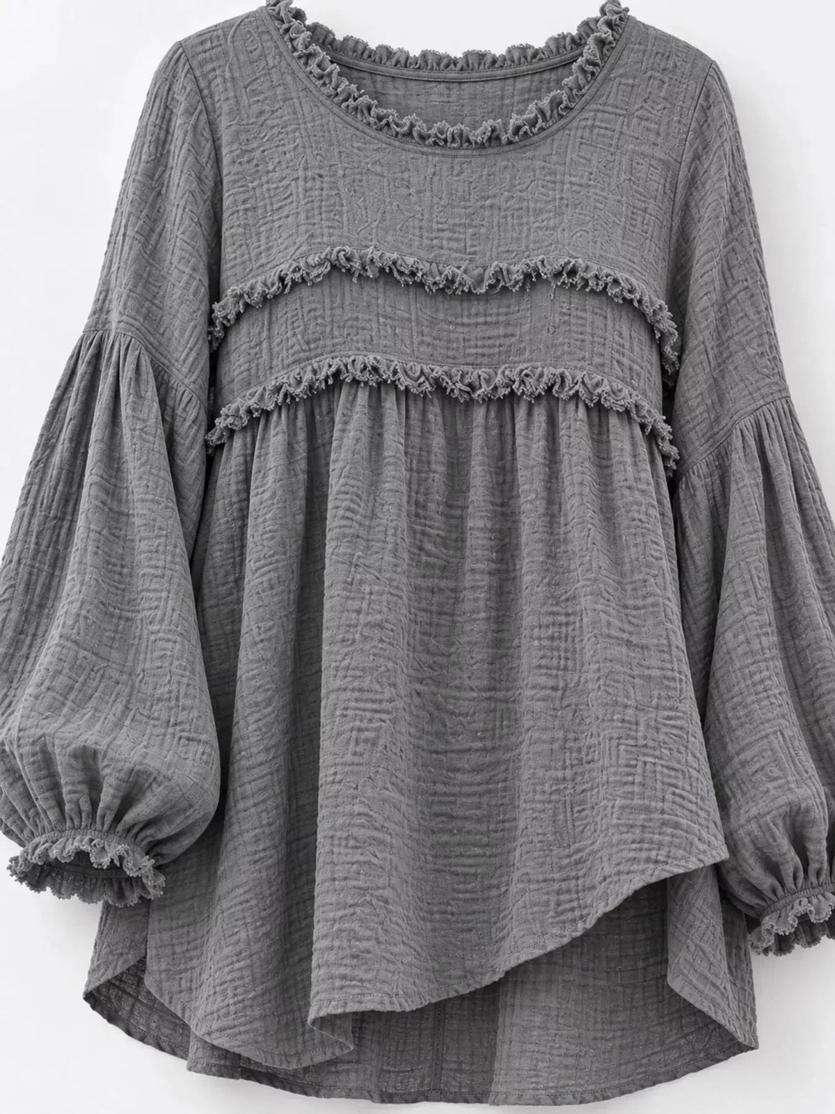 Textured Grey Frayed Trim Long Sleeve Peplum Blouse - Bitsy Gypsy Boutique