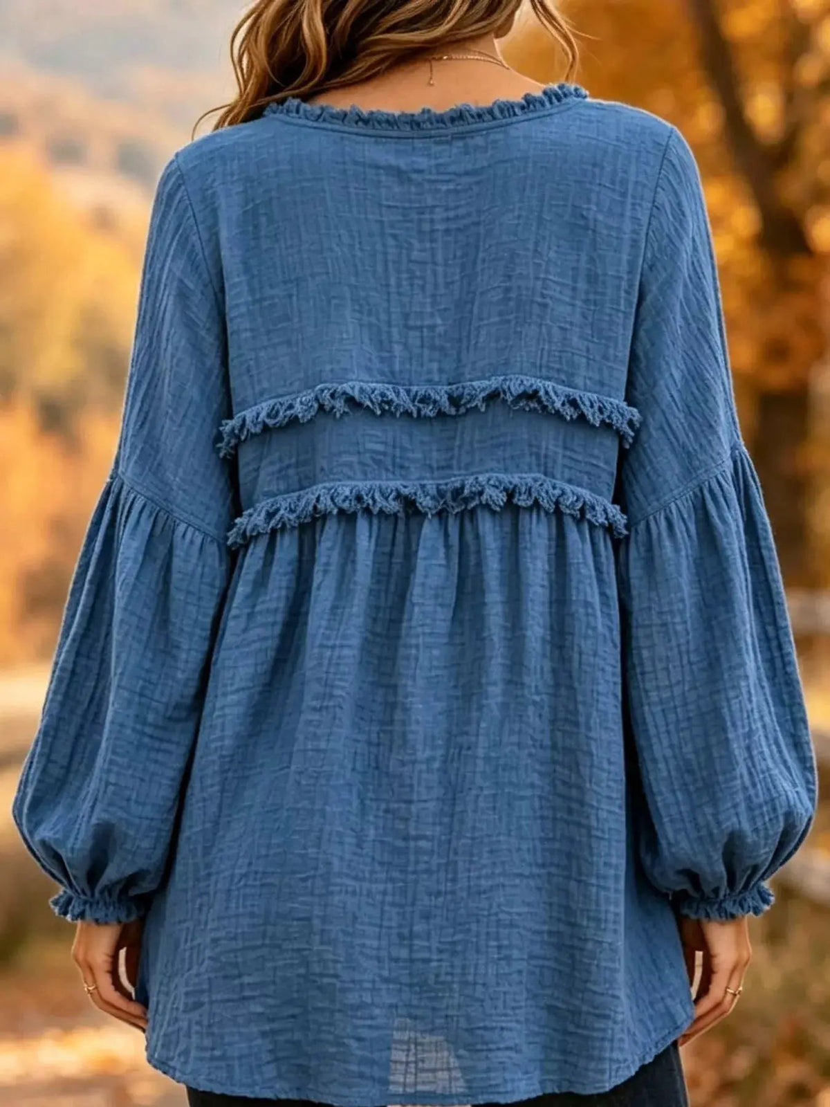 Textured Grey Frayed Trim Long Sleeve Peplum Blouse - Bitsy Gypsy Boutique