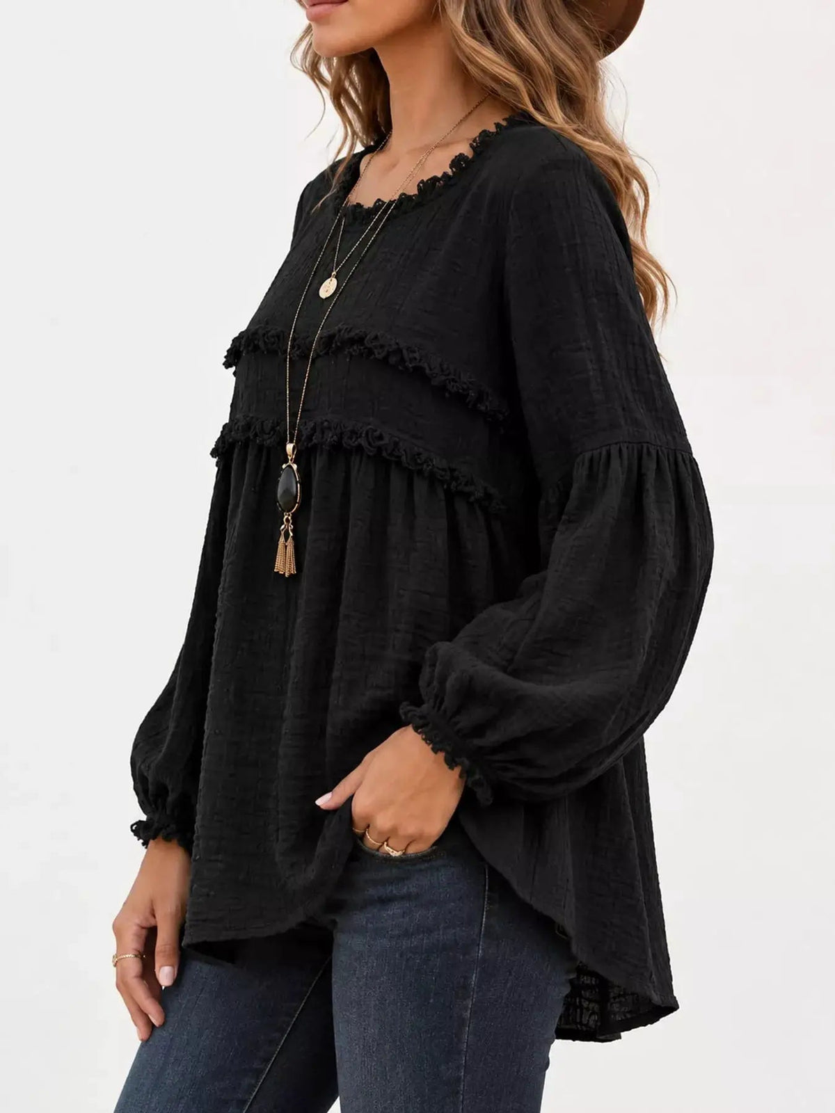 Textured Grey Frayed Trim Long Sleeve Peplum Blouse - Bitsy Gypsy Boutique
