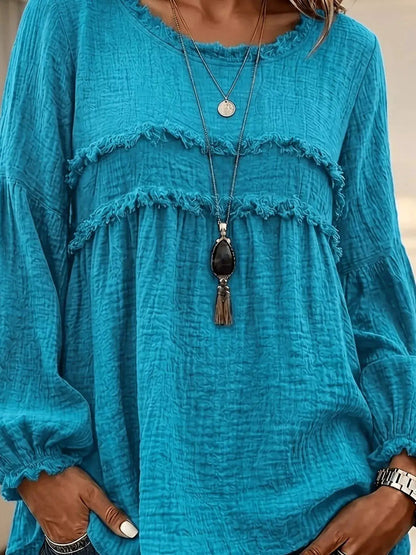 Textured Grey Frayed Trim Long Sleeve Peplum Blouse - Bitsy Gypsy Boutique