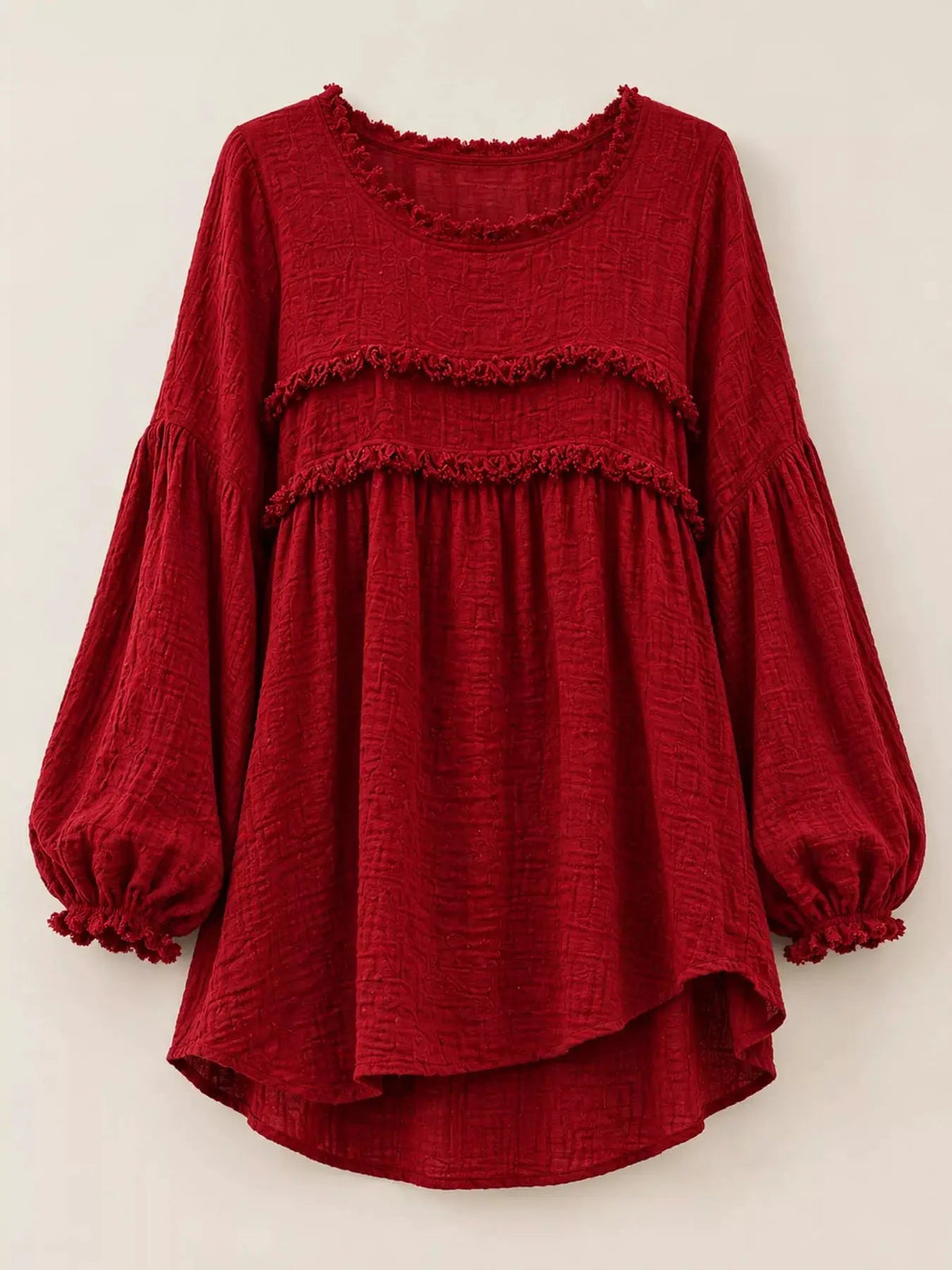 Textured Grey Frayed Trim Long Sleeve Peplum Blouse - Bitsy Gypsy Boutique
