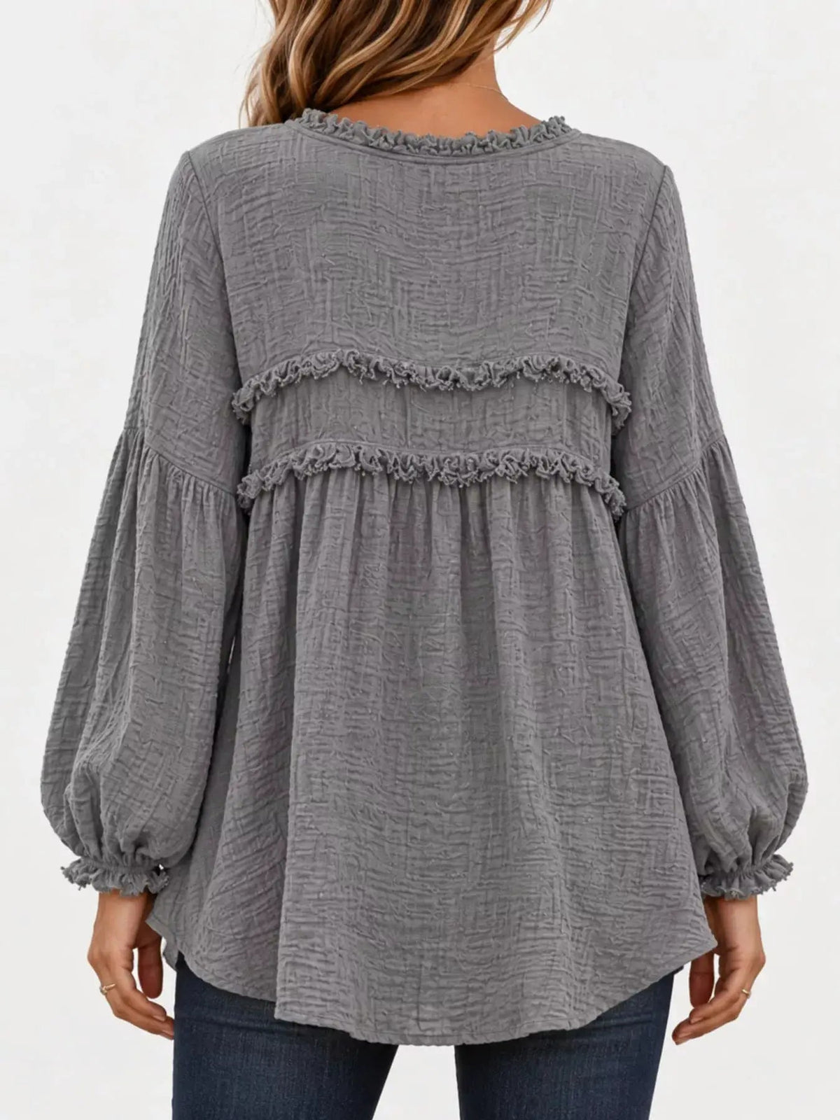 Textured Grey Frayed Trim Long Sleeve Peplum Blouse - Bitsy Gypsy Boutique