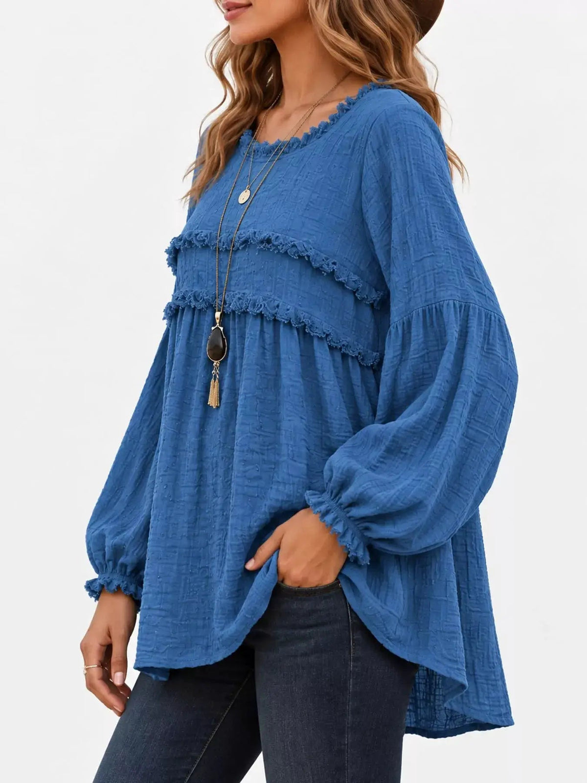 Textured Grey Frayed Trim Long Sleeve Peplum Blouse - Bitsy Gypsy Boutique