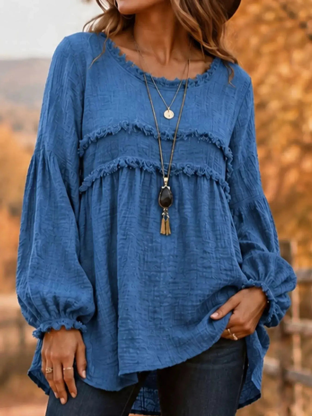 Textured Grey Frayed Trim Long Sleeve Peplum Blouse - Bitsy Gypsy Boutique