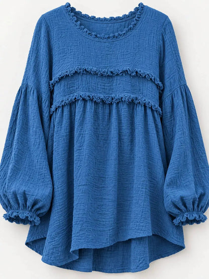 Textured Grey Frayed Trim Long Sleeve Peplum Blouse - Bitsy Gypsy Boutique