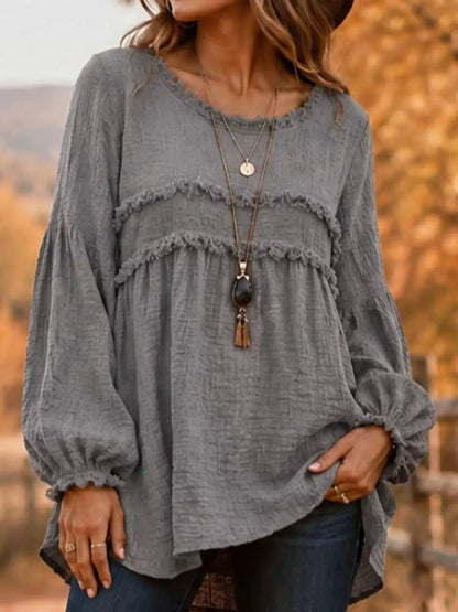 Textured Grey Frayed Trim Long Sleeve Peplum Blouse - Bitsy Gypsy Boutique