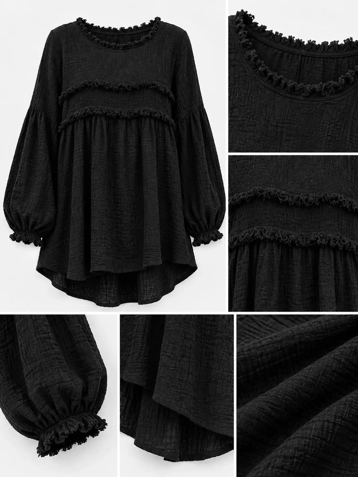 Textured Grey Frayed Trim Long Sleeve Peplum Blouse - Bitsy Gypsy Boutique