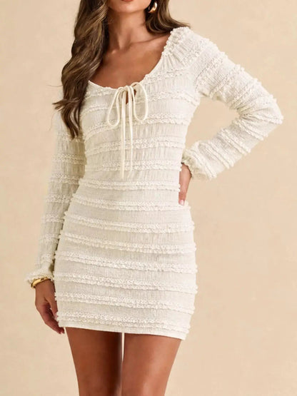 Textured Long-Sleeve Bodycon Mini Dress with Tie-Front - Bitsy Gypsy Boutique