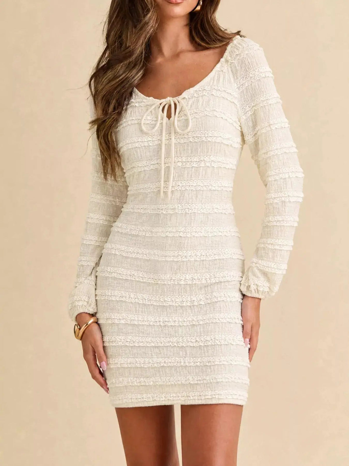 Textured Long-Sleeve Bodycon Mini Dress with Tie-Front - Bitsy Gypsy Boutique