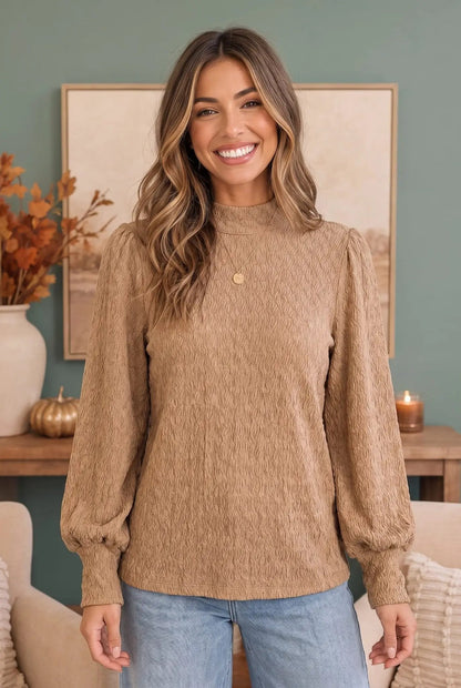 Textured Mocha Dream Mock Neck Top by JODIFL