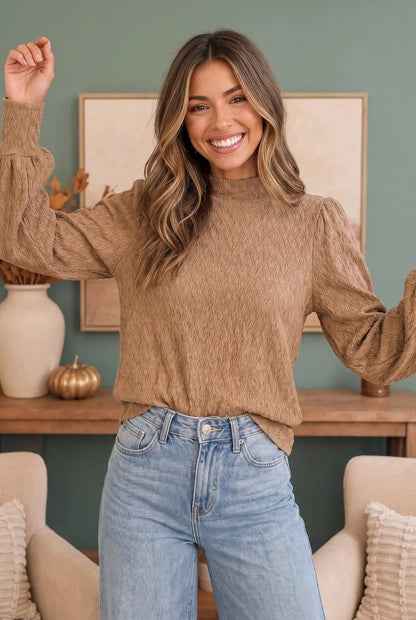 Textured Mocha Dream Mock Neck Top by JODIFL