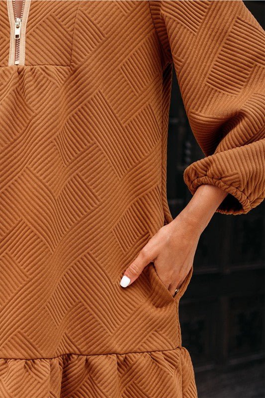 Textured Quarter Zip Collar 3/4 Sleeve Mini Dress - Bitsy Gypsy Boutique