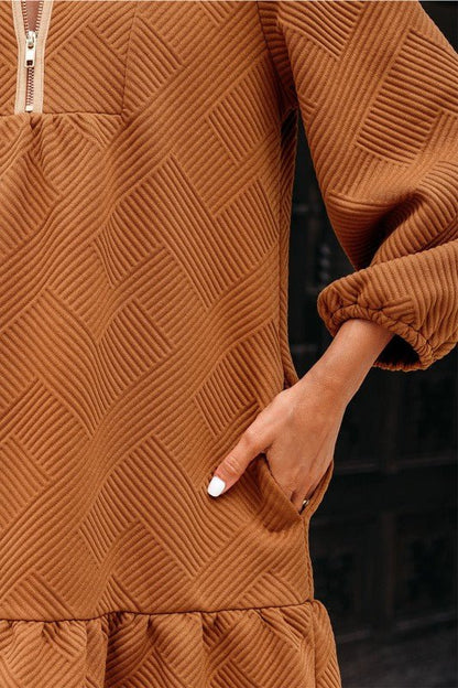 Textured Quarter Zip Collar 3/4 Sleeve Mini Dress - Bitsy Gypsy Boutique