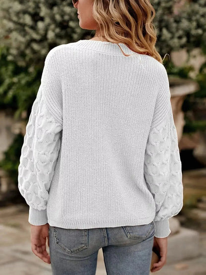Textured Sleeve Round Neck Sweater - Bitsy Gypsy Boutique